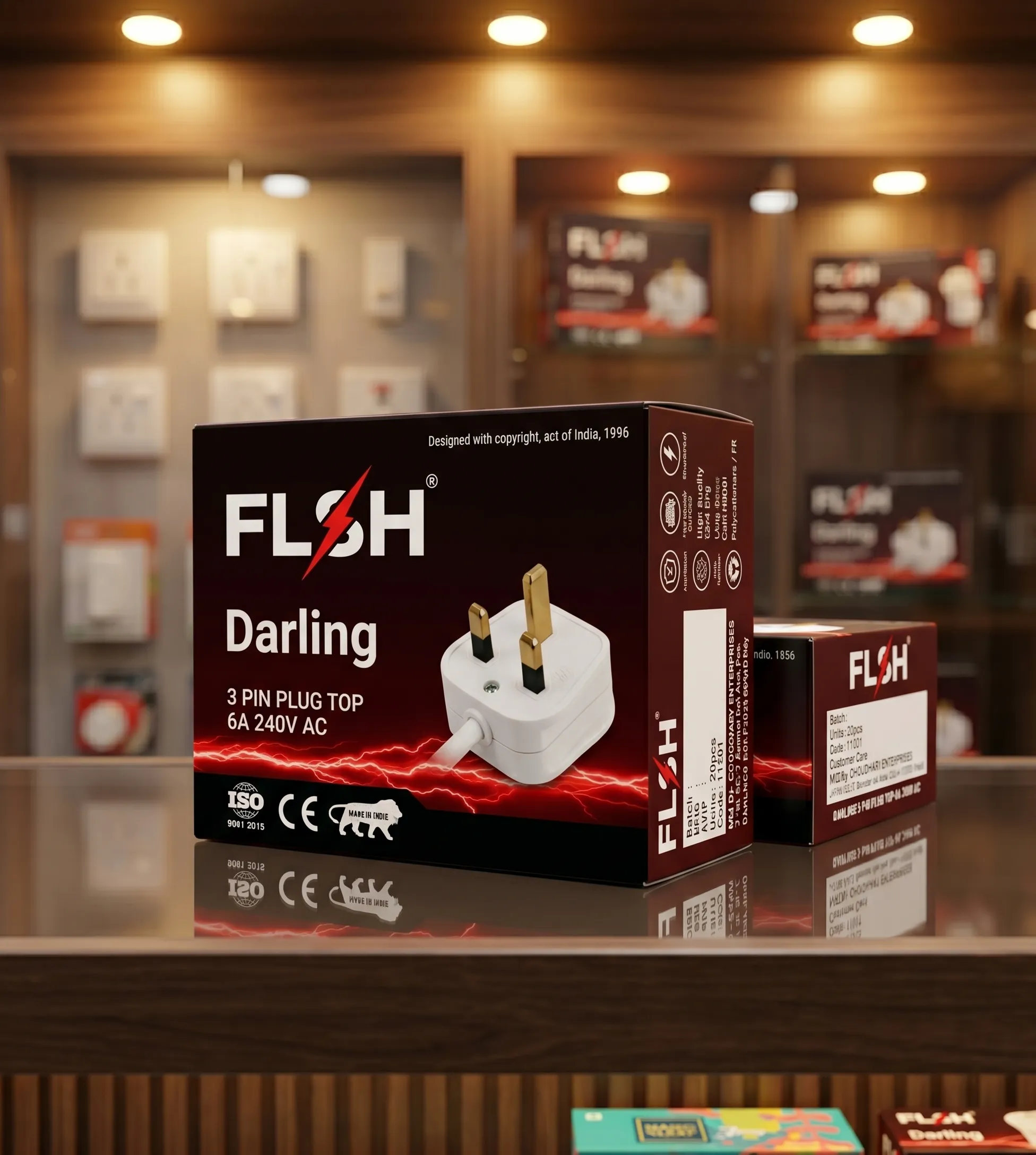 Close-up of a Flash Darling power plug box on a store shelf, with blurred background displays behind it.