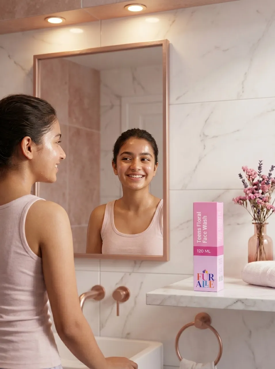 A smiling young woman in a pink tank top stands at a marble bathroom sink, looking at her reflection in a mirror above the sink.