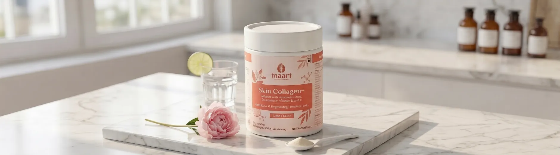 Skin Collagen+ jar on a marble counter with lime, water glass, pink flower, and a scoop of powder.