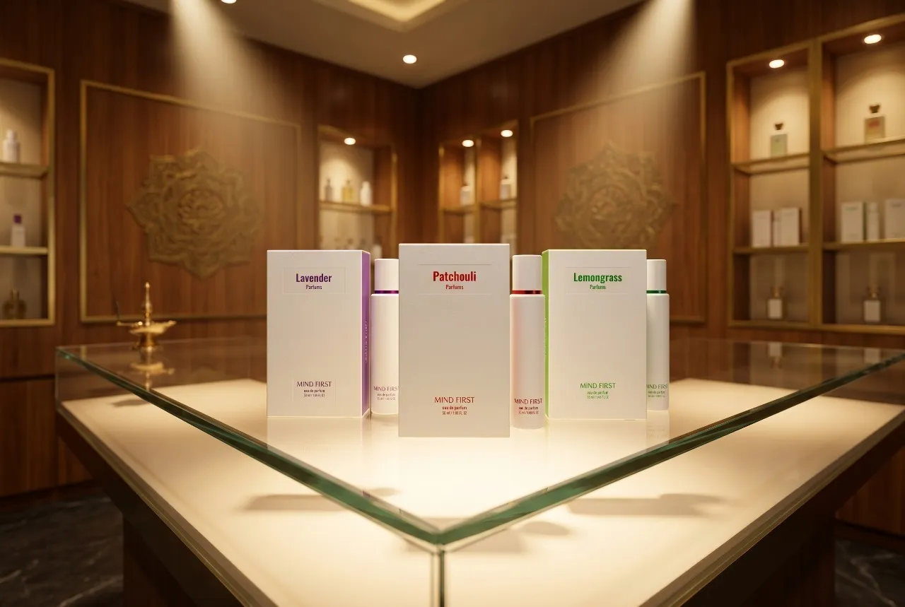 Row of Mind First perfume boxes labeled Lavender, Patchouli, and Lemongrass on a glass display table in a wood-paneled showroom.