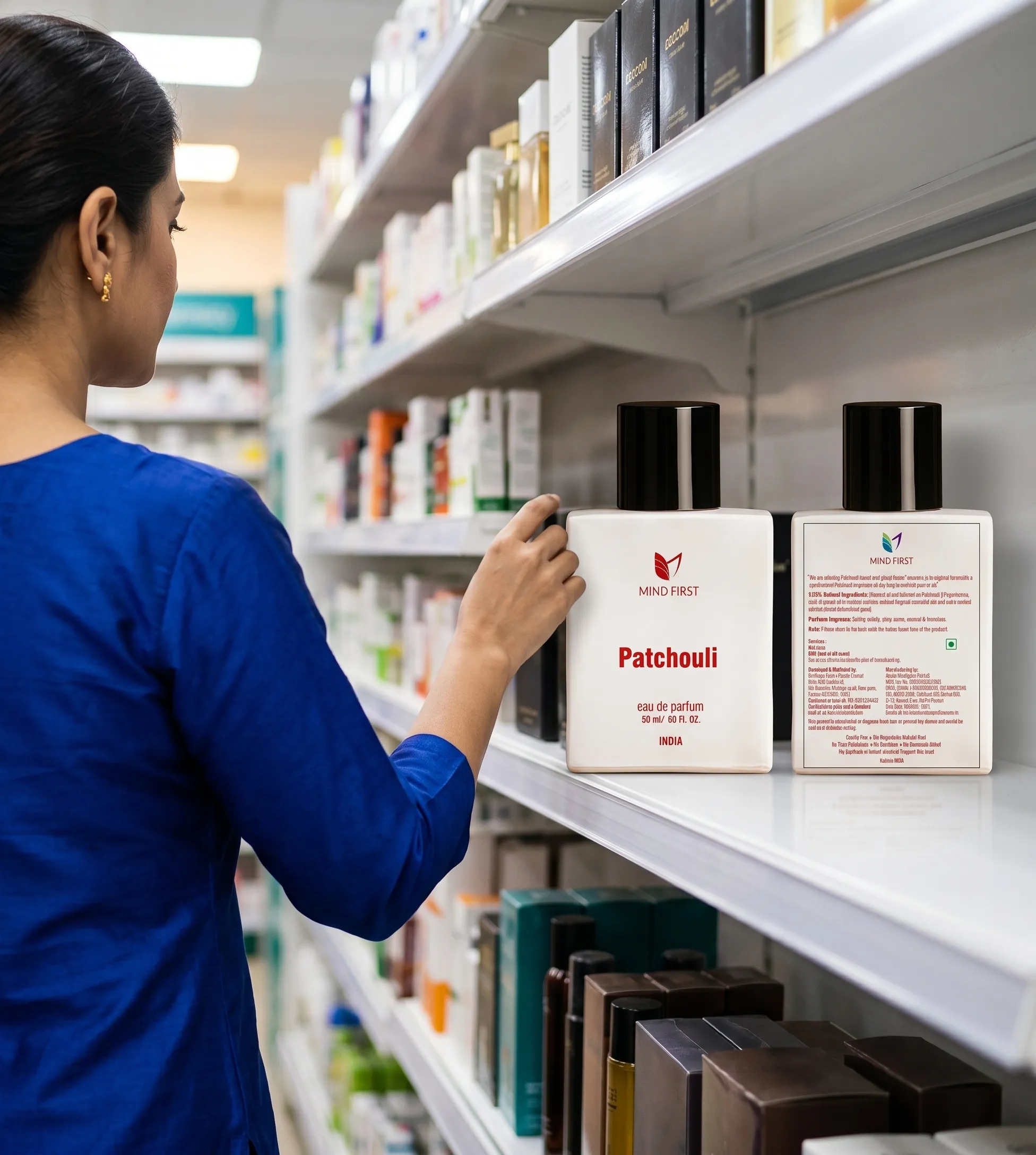 Person in a blue shirt reaches for a perfume bottle on a store shelf in a cosmetics aisle, seen from the side and back