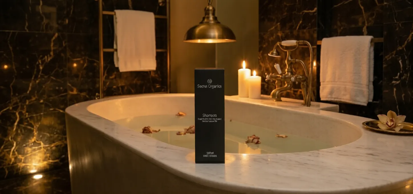 Boxed shampoo product placed on the edge of a white marble bathtub in a luxurious, candlelit bathroom with towels and orchids nearby.