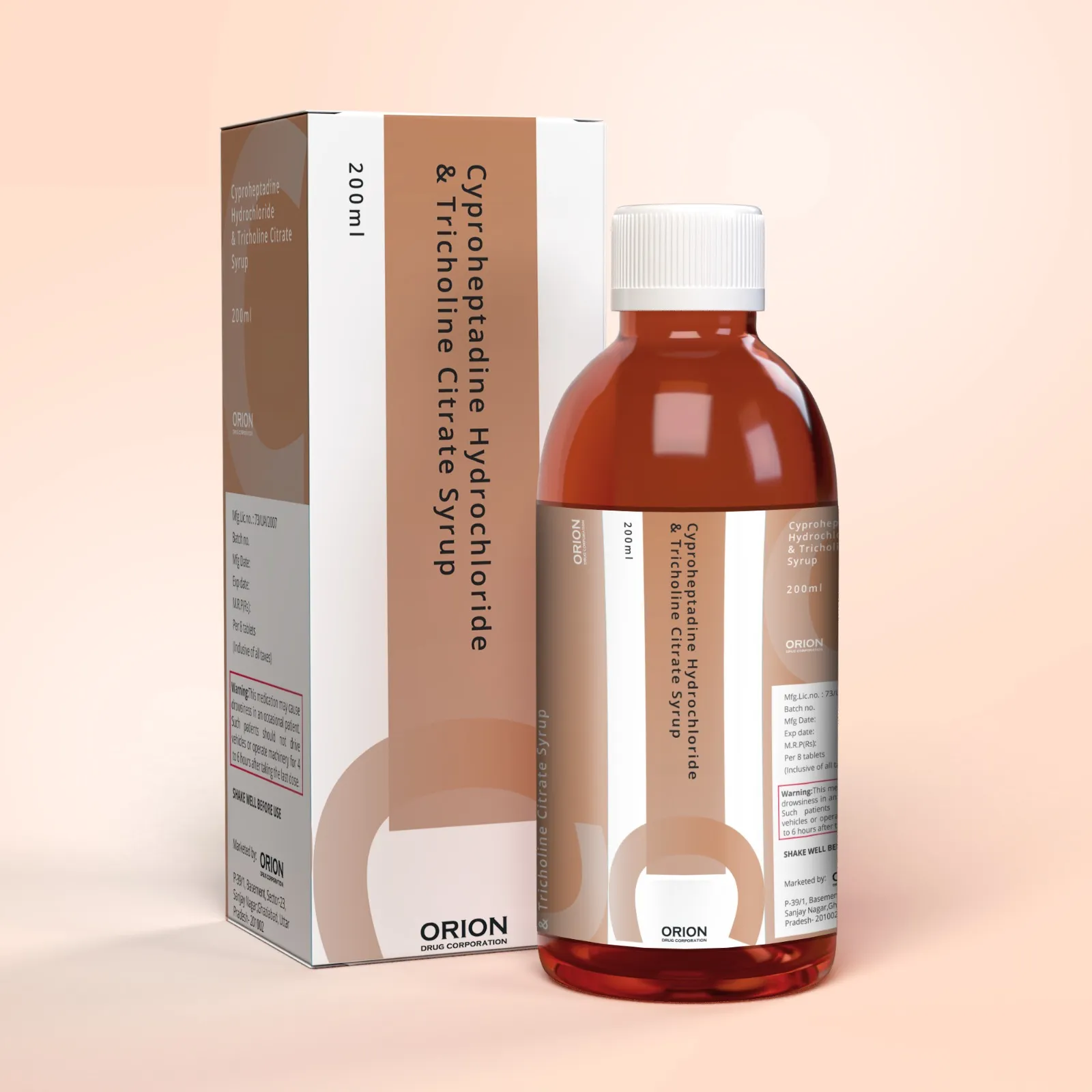 Amber bottle of Cyproheptadine Hydrochloride & Tricholine Citrate syrup with a white cap beside its white-brown box on a peach background (Orion label visible).