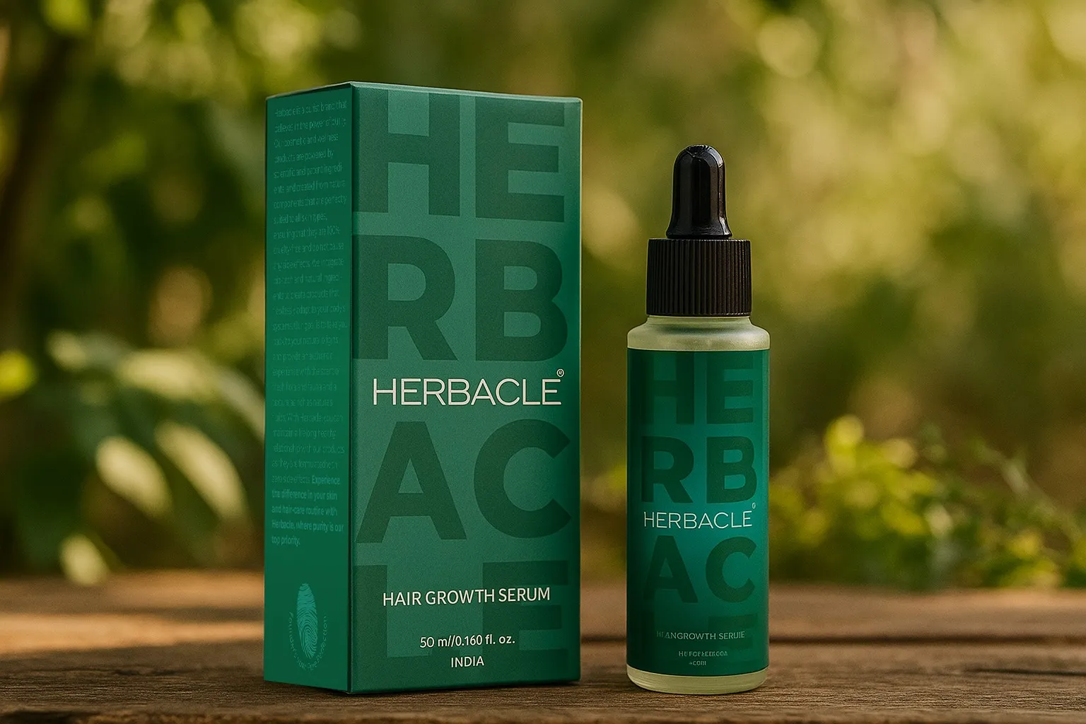 Green Herbaclé Hair Growth Serum box and dropper bottle on a wooden surface outdoors.