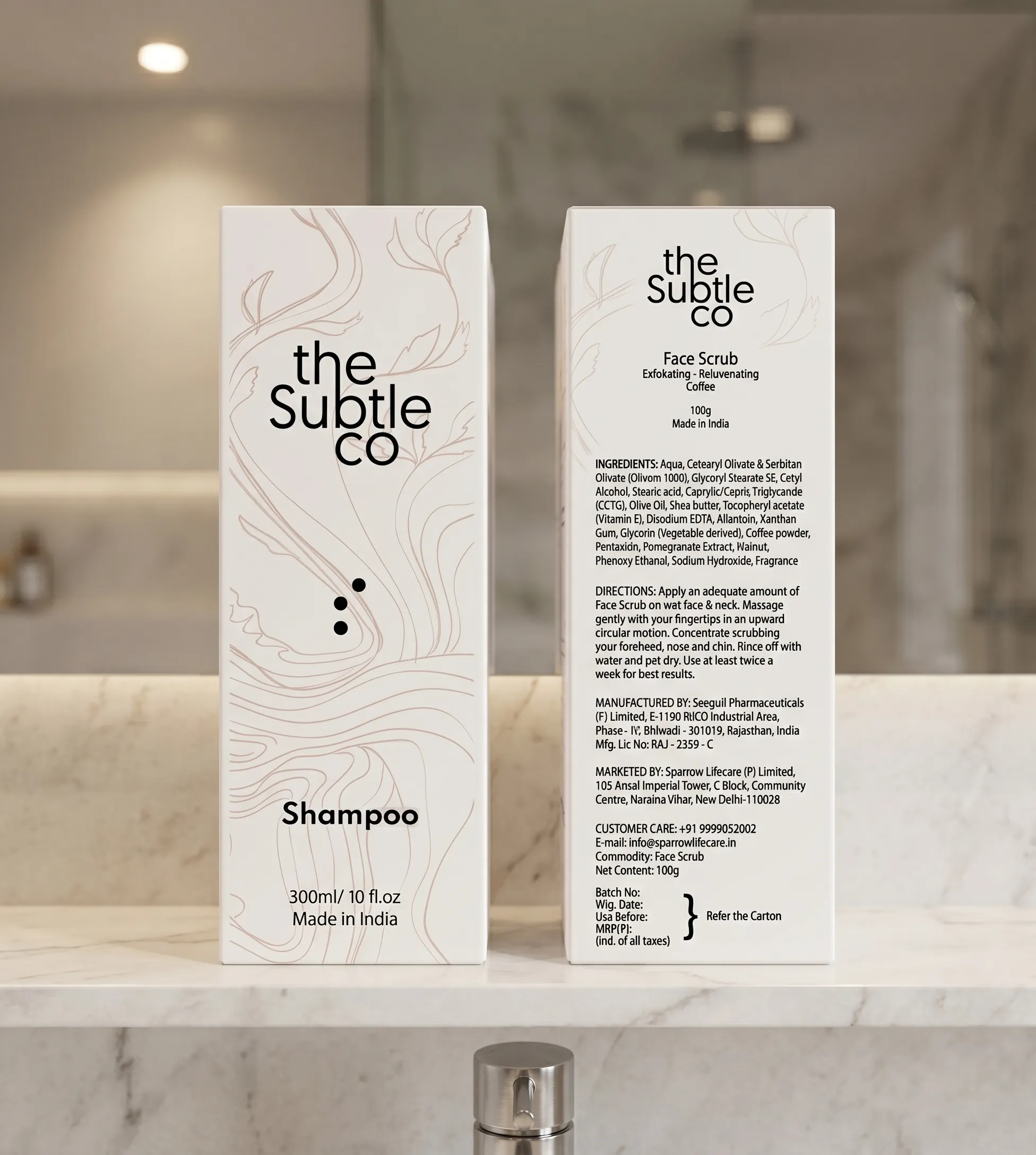 Two white cosmetic boxes labeled 'the Subtle co' on a marble countertop, one showing ingredients; soft bathroom background.
