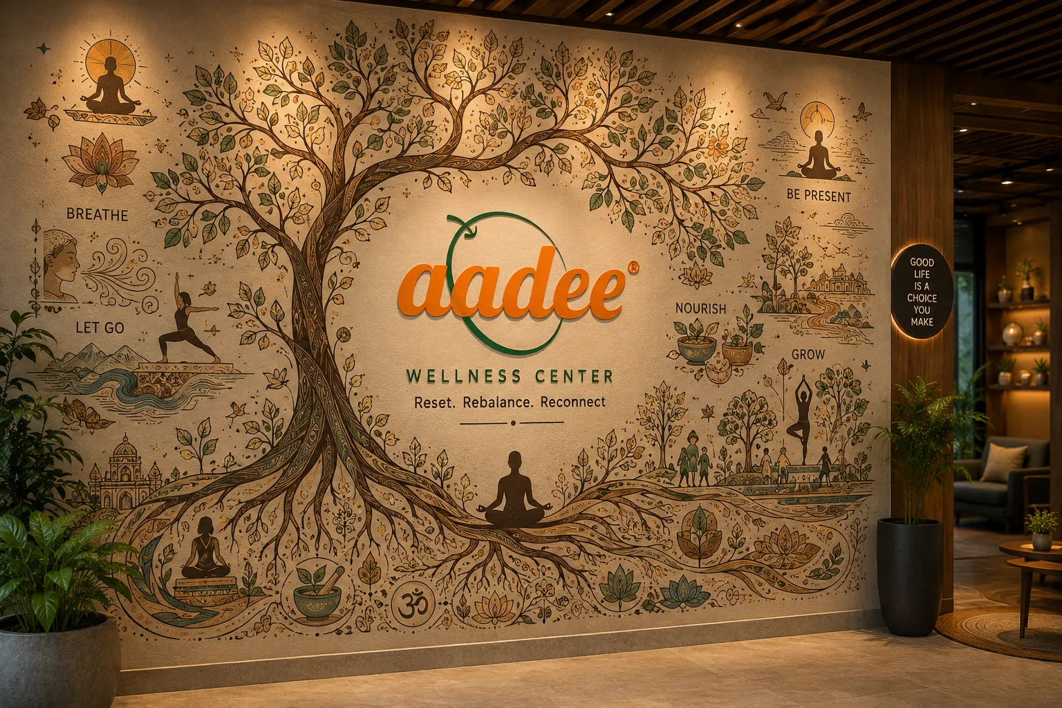 Wall mural at a wellness center with a large tree, meditating silhouettes, and the orange 'aadee' logo at the center, plus 'WELLNESS CENTER' text and tagline nearby.