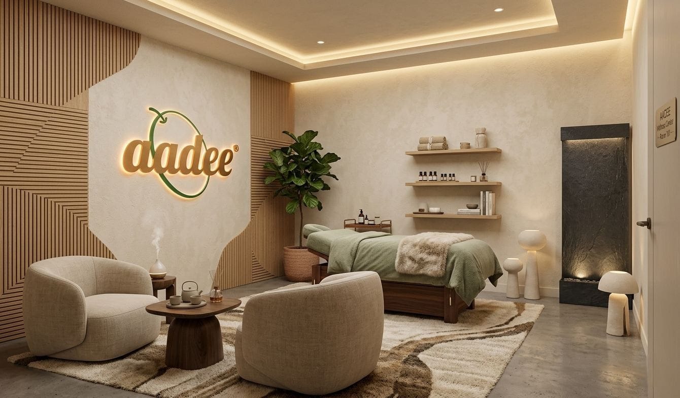 Spa treatment room with a massage bed, two beige lounge chairs, warm lighting, and the 'aadee' logo on the wall.