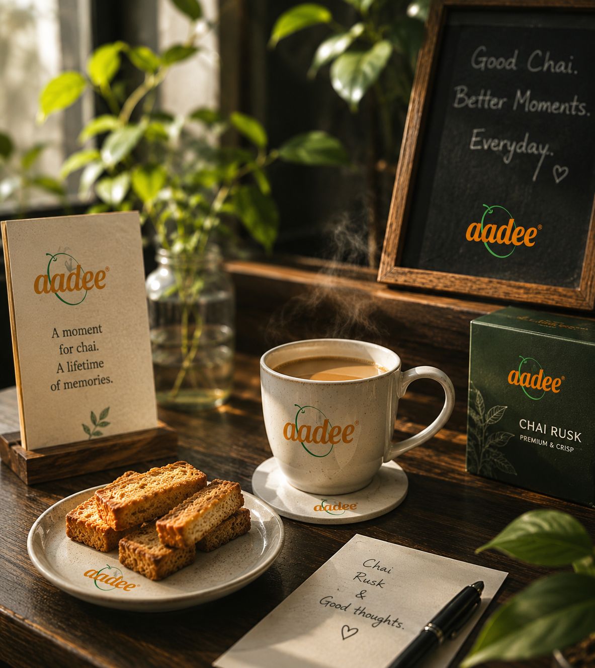 Cup of chai with a saucer and steam, branded with aadée, on a wooden table beside a plate of chais rusks.