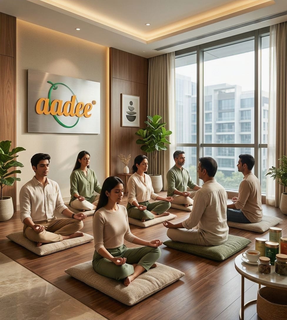 Group of six people meditating on cushions in a sunlit, modern wellness studio with indoor plants and a wall logo reading 'aadee'.