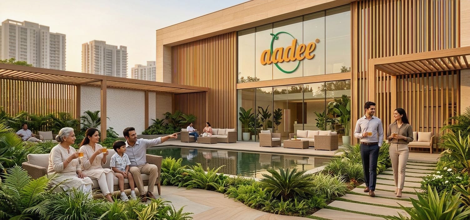 Family of three generations relaxing on outdoor seating beside a pool, pointing and chatting near a modern building with an orange 'aadee' sign and glass façade.