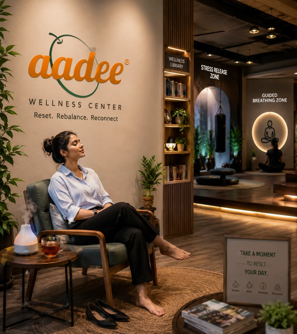 Woman relaxing in a wellness center lounge at Aadee Wellness Center, with a diffuser, tea, plants, and a comfortable chair.