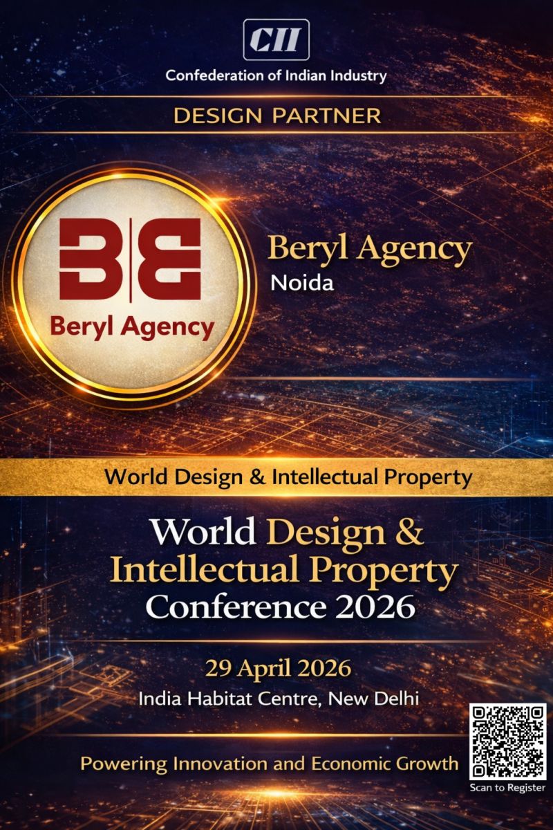 Conference poster for World Design & Intellectual Property Conference 2026, featuring Beryl Agency Noida logo and a QR code.