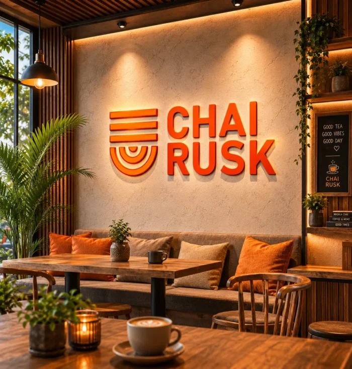 Cozy cafe interior with a large orange CHAI RUSK sign on a textured wall, wooden tables and plants living room-like seating.