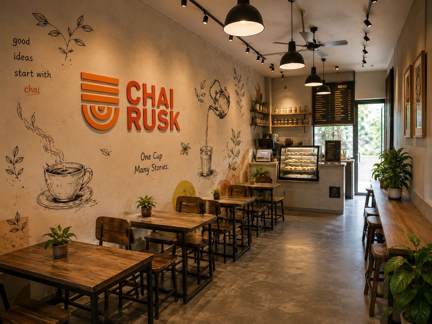 Cozy cafe interior with wooden tables, plants, and a wall mural that reads 'Chai Rusk' beside decorative sketches and quotes like 'good ideas start with chai'.