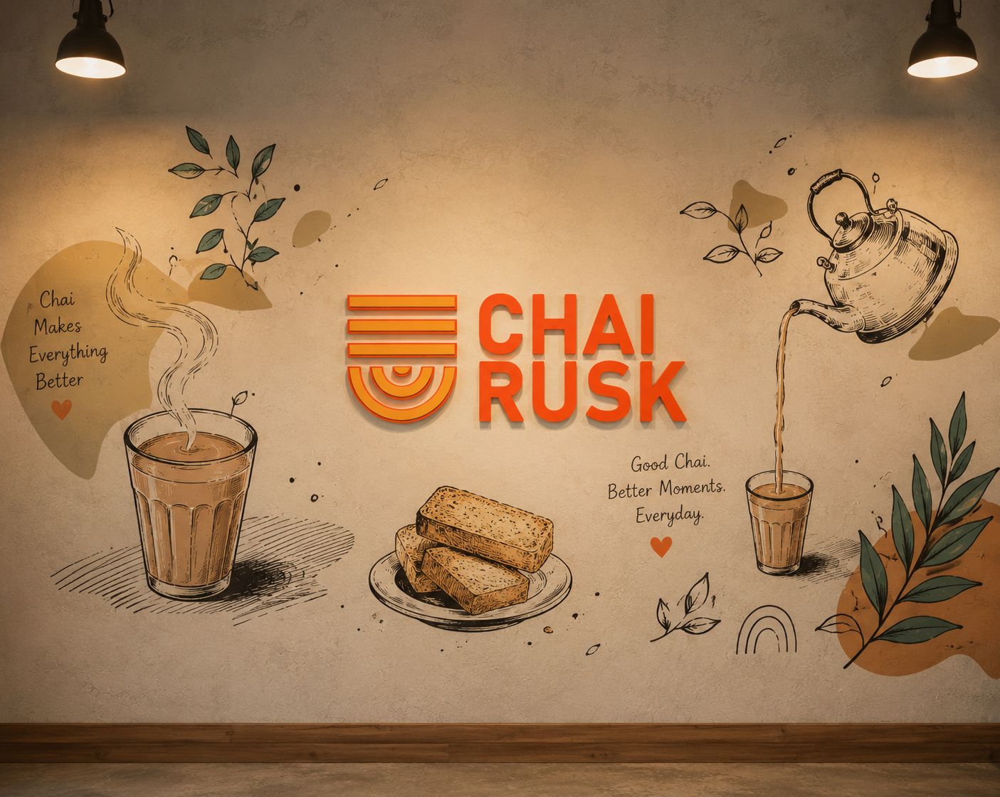 Wall mural for 'Chai Rusk' brand featuring a glass of chai, poured teapot, and a plate of rusks with decorative leaves and quotes like 'Chai Makes Everything Better'.
