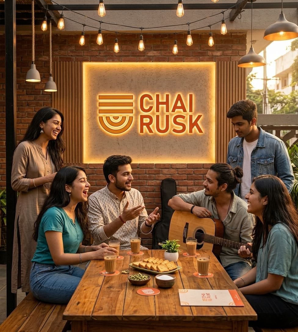 Six friends at an outdoor cafe table, one playing guitar while others chat and share snacks, with a neon 'Chai Rusk' sign in the background.