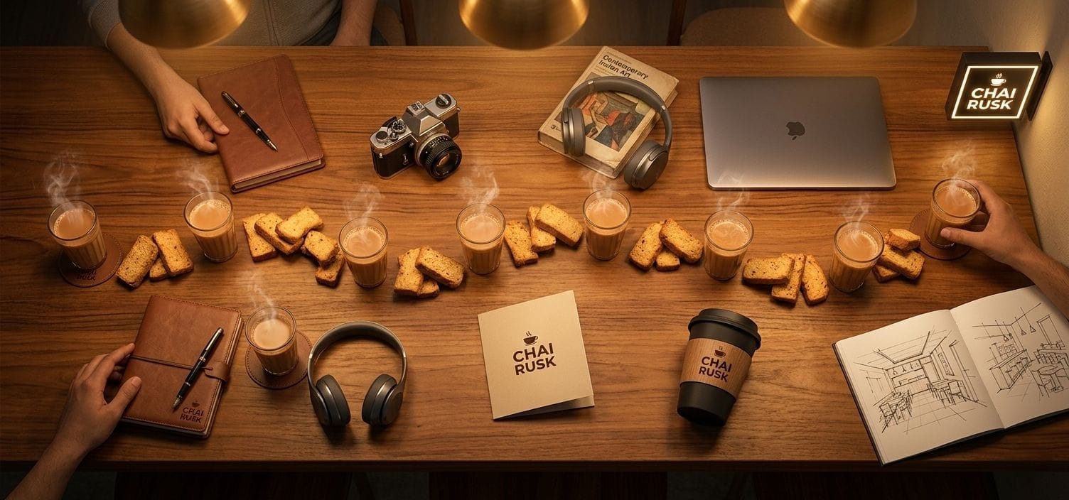 Top-down view of a wooden table with chai drinks, cookies, notebooks, camera, headphones, laptop, and a sketchbook around a central card reading CHAI RUSK.