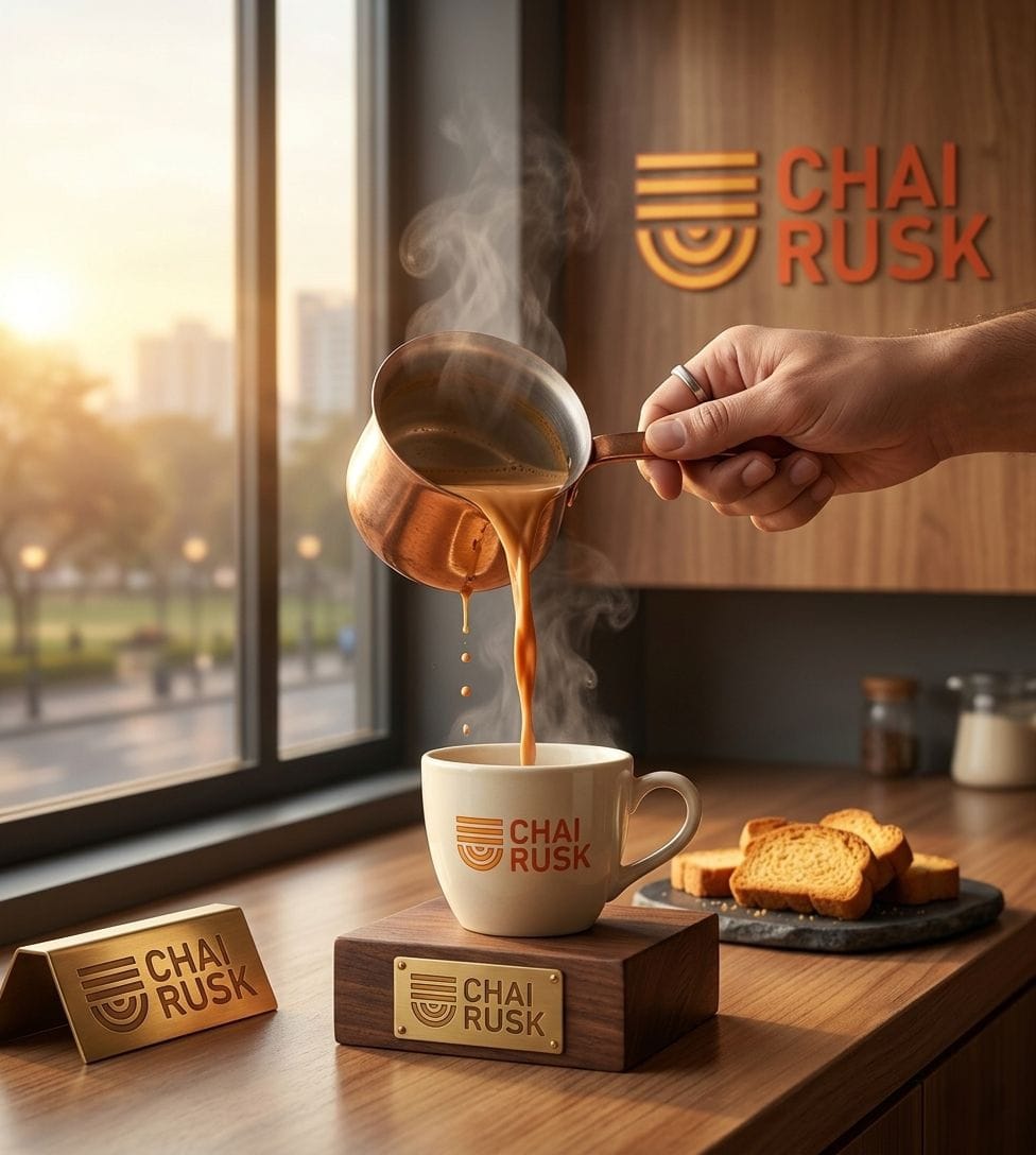 Hand pouring hot coffee from a copper kettle into a CHAI RUSK mug, steam rising, in a warm cafe setting with wooden decor and gold logos.