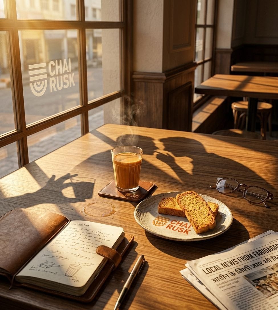 Sunlit cafe table with a glass of hot drink, two slices of rusk on a plate marked 'Chai Rusk', a notebook, pen, and glasses nearby; a newspaper on the side.