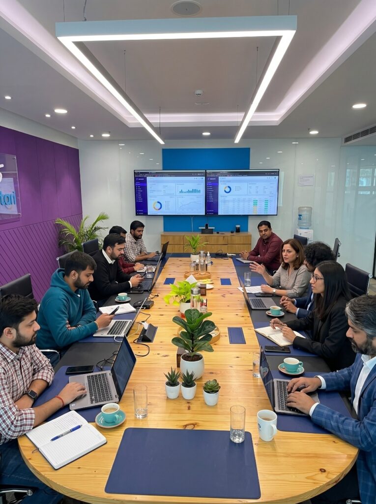 Team of professionals in a bright conference room around a long wooden table with laptops and notebooks; two large screens display dashboards.