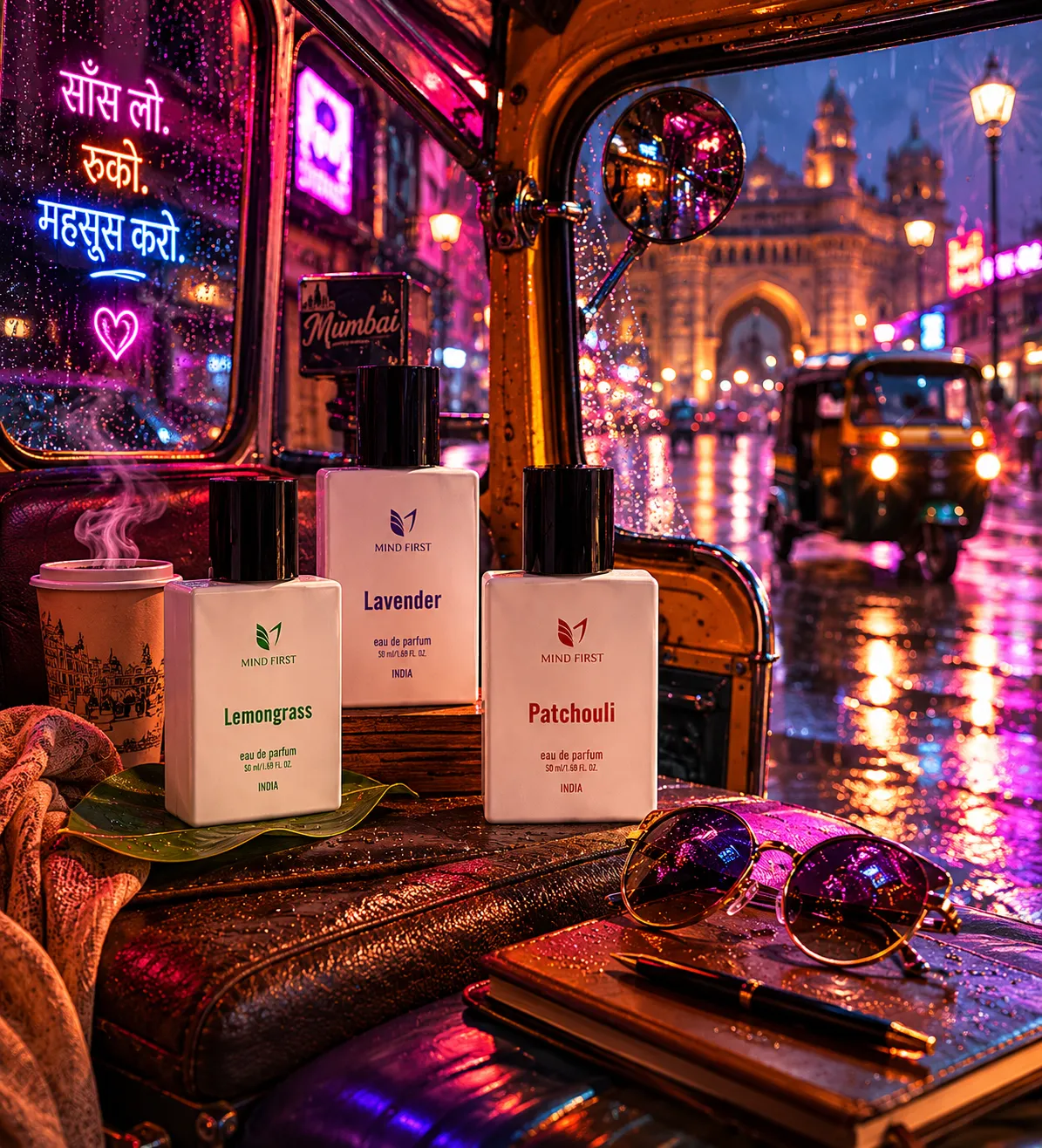 Three Mind First perfume bottles (Lemongrass, Lavender, Patchouli) sit on a wooden surface beside sunglasses in a neon-lit, rain-soaked Mumbai street scene. The display is on a tuk-tuk with colorful city lights in the background.