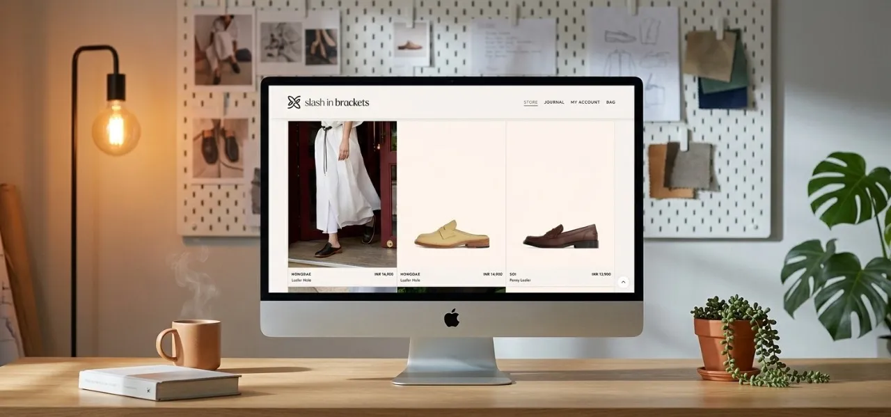 Desktop computer showing an online shoe store with three product cards on a clean UI, on a wooden desk with a mug, lamp, and plant nearby.