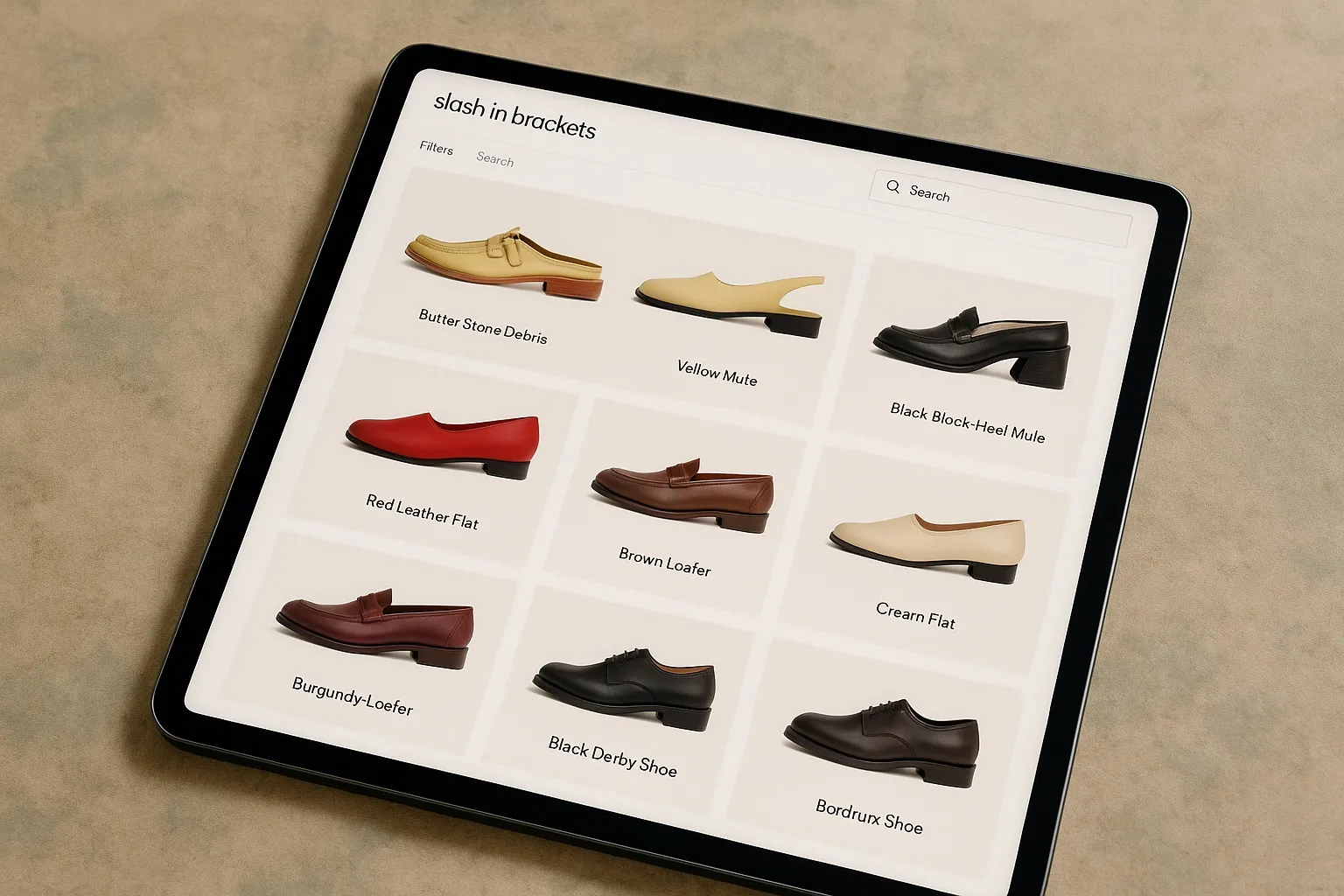 Tablet showing an online shoe catalog grid with twelve shoe cards and product names beneath each image.