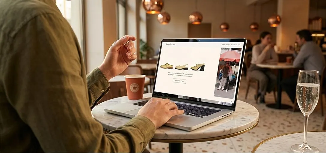 Person seated at a café table, typing on a laptop displaying a shoe product page