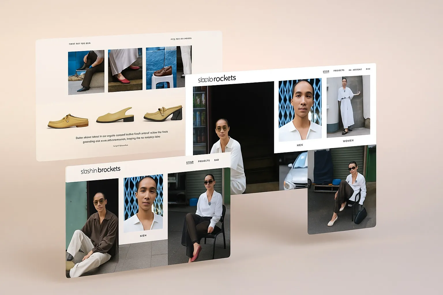 Three overlapping fashion lookbook mockups showing shoes, outfits, and model portraits in a grid layout.