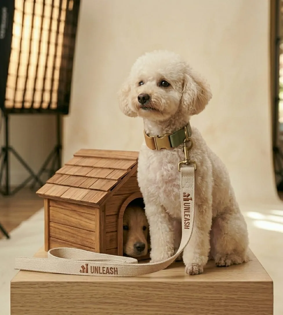 Fluffy white poodle wearing a tan collar and leash, standing beside a wooden doghouse, with a second dog peeking from inside the house.