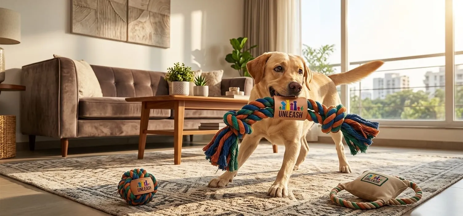 Golden retriever indoors, biting a multicolored rope toy labeled UNLEASH on a living room rug.**NOTE:** concise and informative alt text provided.