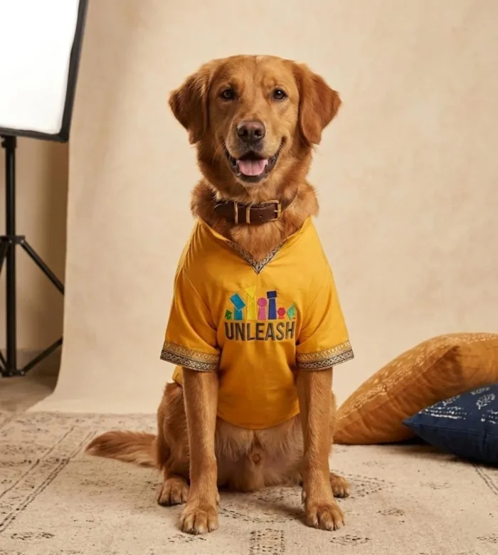 Golden retriever sitting indoors, wearing a yellow UNLEASH shirt with a logo on the front.