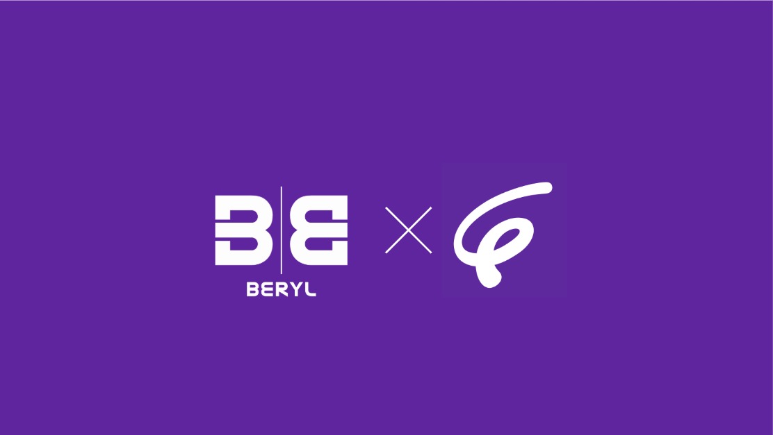 BE × abstract curved symbol logo on a purple background, with 'BERYL' text beneath the BE letters.