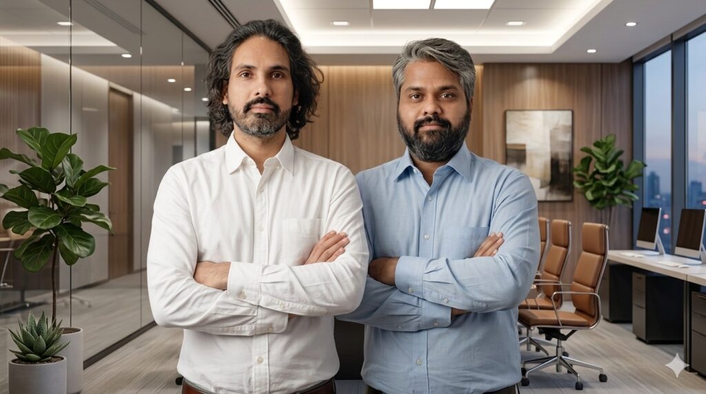 Two business colleagues stand with arms crossed in a modern office, posing confidently for the camera