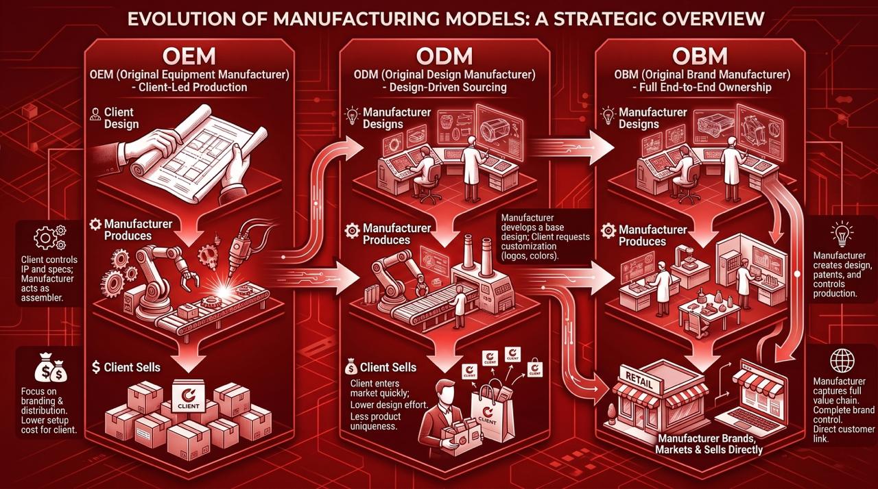 Infographic showing three manufacturing models—OEM, ODM, and OBM—with arrows and stages from client design to production and branding, in red tones.