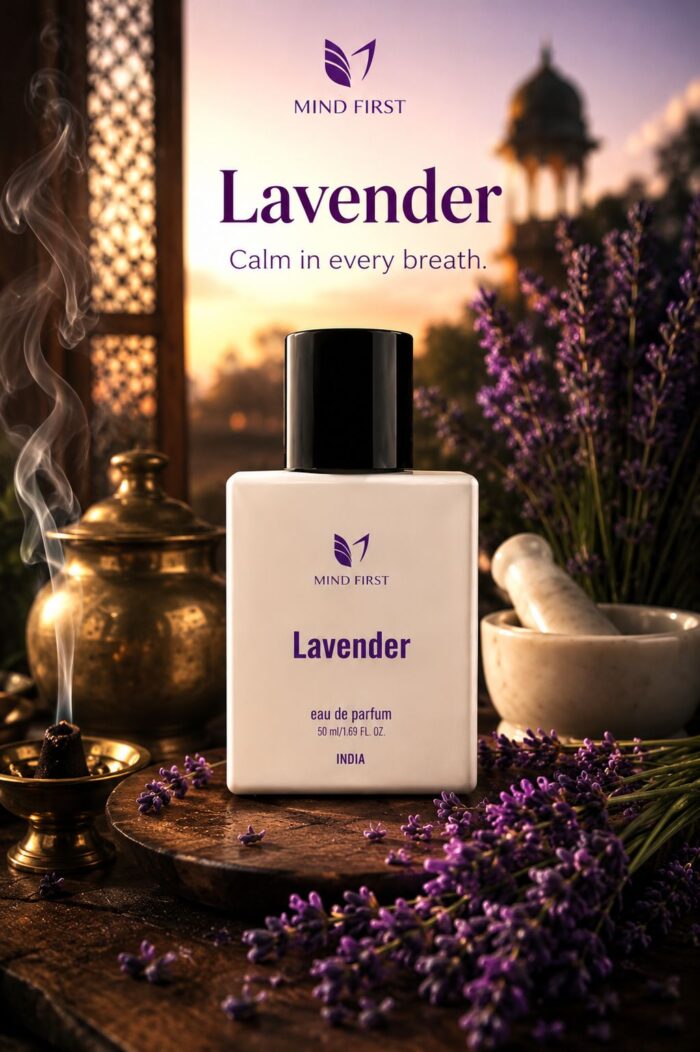 Mind First Lavender perfume bottle centered on a wooden surface, surrounded by lavender sprigs and warm atmospheric lighting.