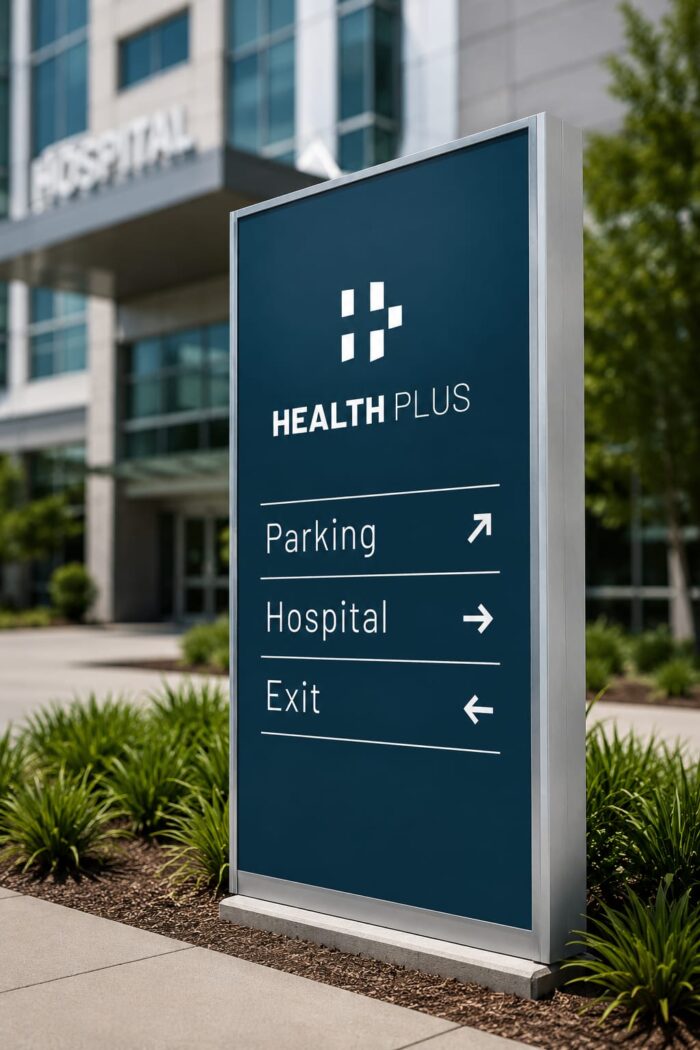 HealthPlus sign with directions: Parking up/right, Hospital to the right, Exit to the left near a hospital entrance