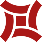 Abstract red logo with four curved blades around a central square, forming a windmill-like motif.