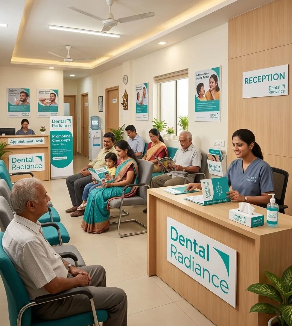 Reception area of a dental clinic with patients seated and a staff member at a desk labeled 'Dental Radiance'.
