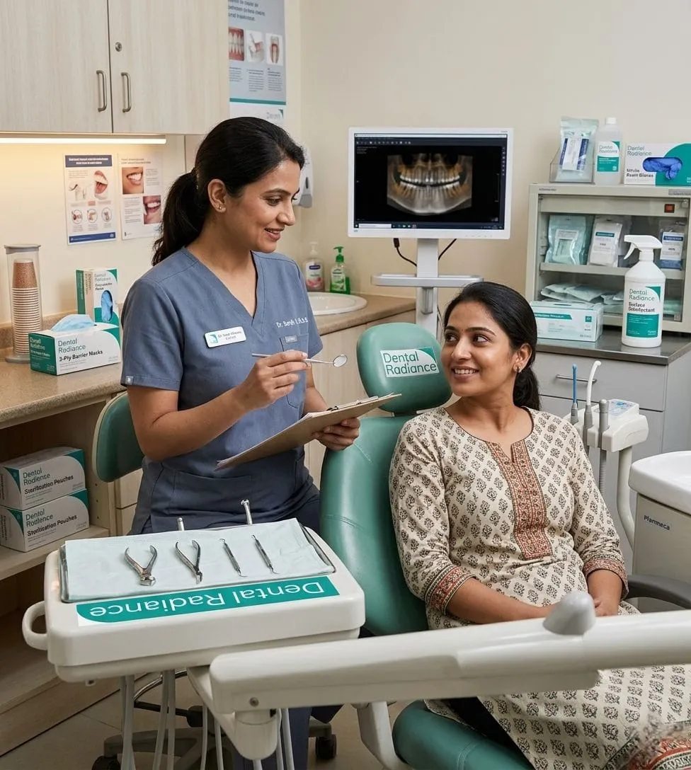 Dental assistant in blue scrubs stands beside a patient in a dental chair, holding a clipboard and small mirror while talking to her.