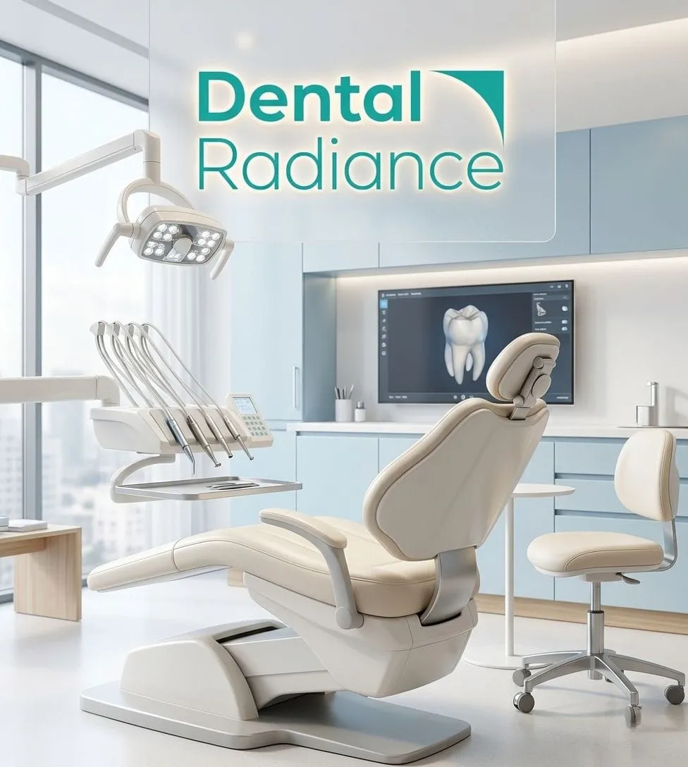 Modern dental clinic with a reclining chair, overhead light, and dental tools; a computer screen shows a tooth model; logo 'Dental Radiance' in teal.