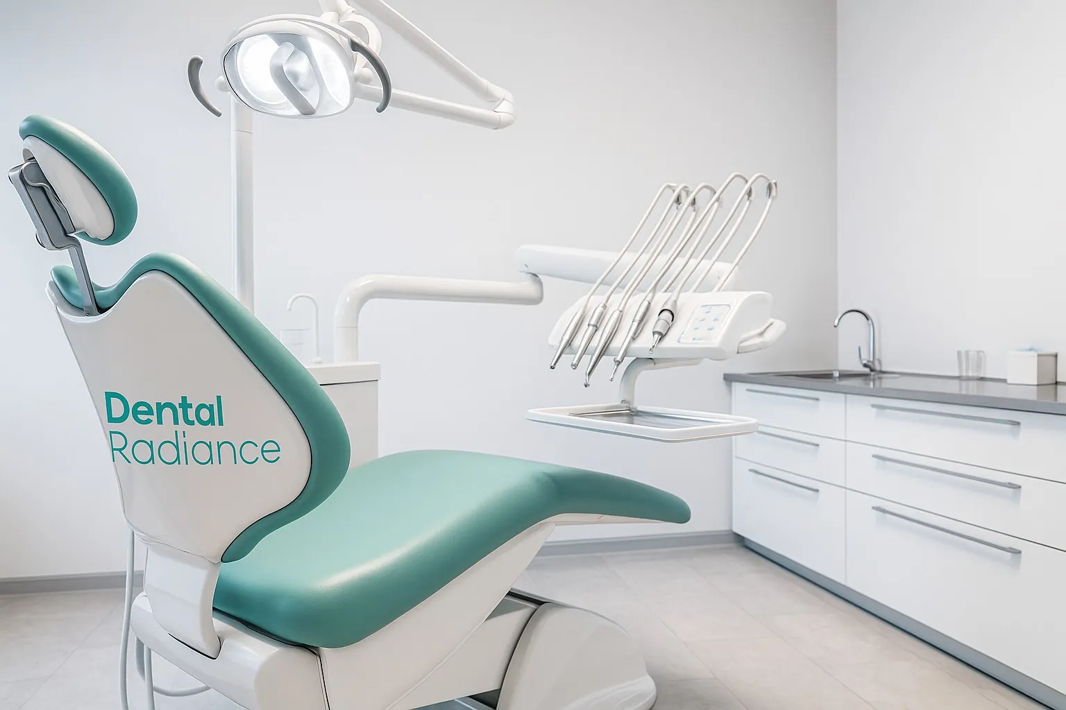 Dental chair with teal upholstery in a bright, modern dental clinic. 1st-person view of a clean treatment room.