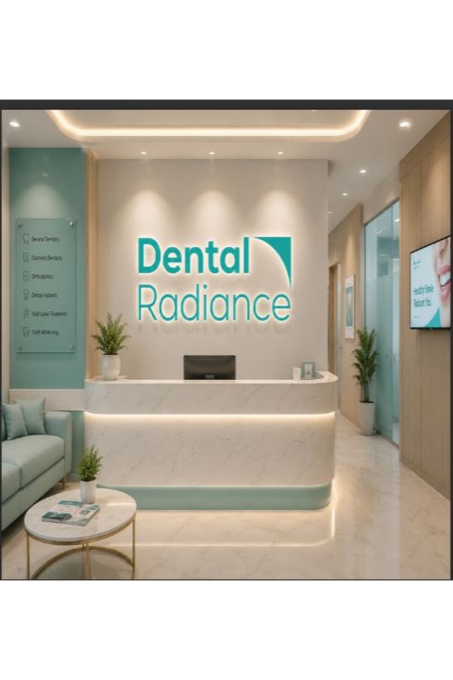 Reception desk of a Dental Radiance clinic with teal branding and marble counter, in a bright modern lobby.