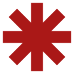 Red eight-point starburst (asterisk) on a black background, single solid shape.