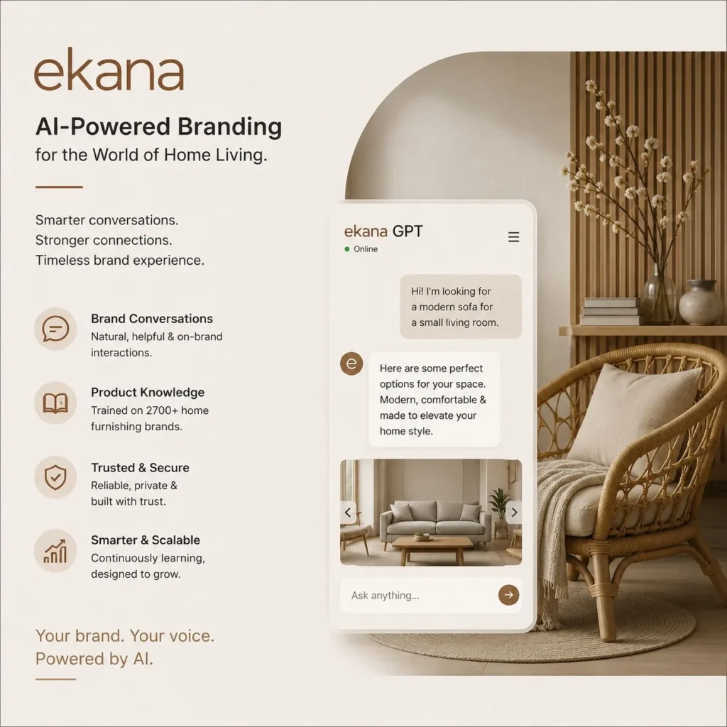 Promotional banner for ekana AI-powered branding, featuring a smartphone mockup in a stylish living room.