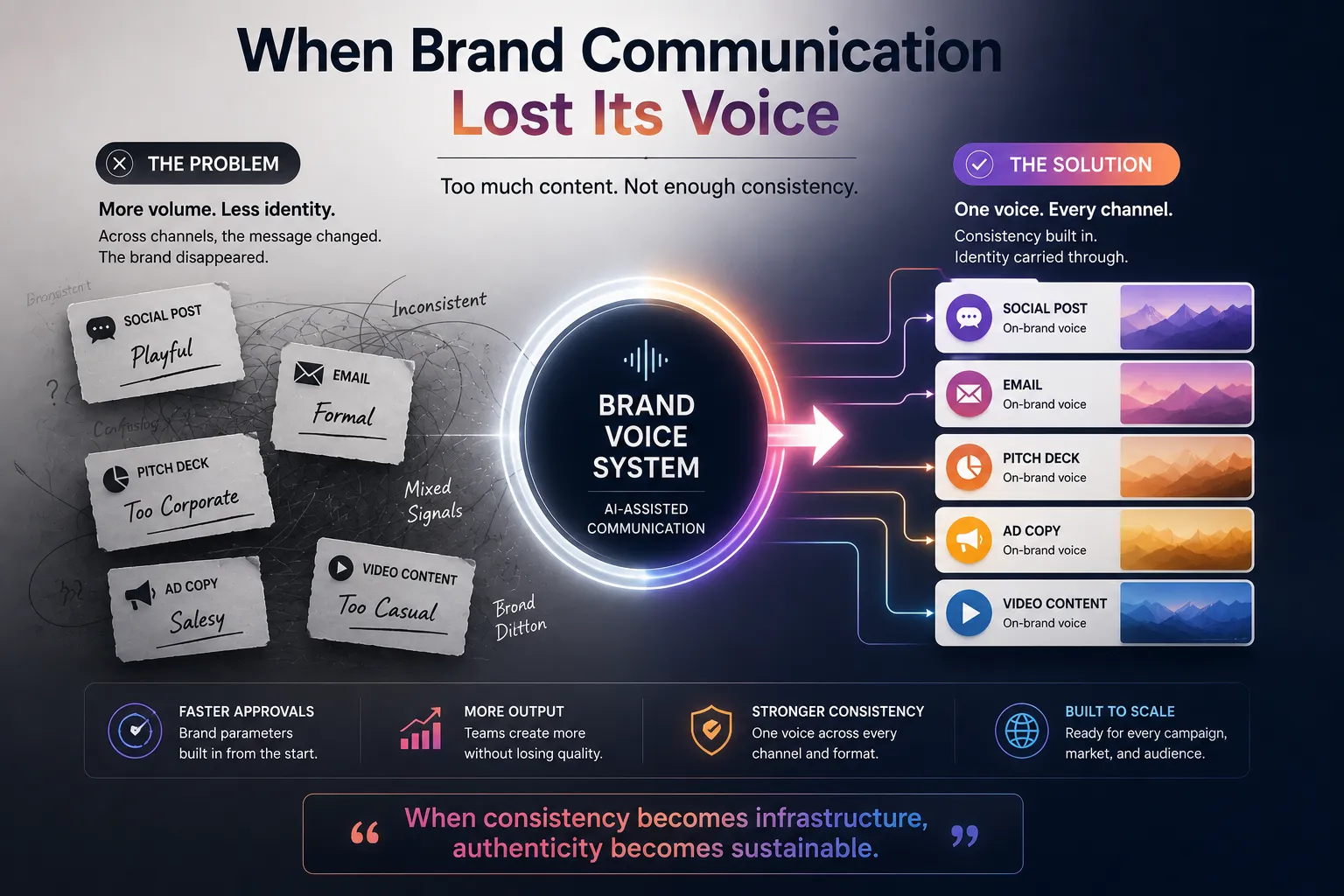 Infographic showing a 'Brand Voice System' with problem (left) and solution (right) and a glowing central circle titled 'Brand Voice System' for AI-assisted communication.