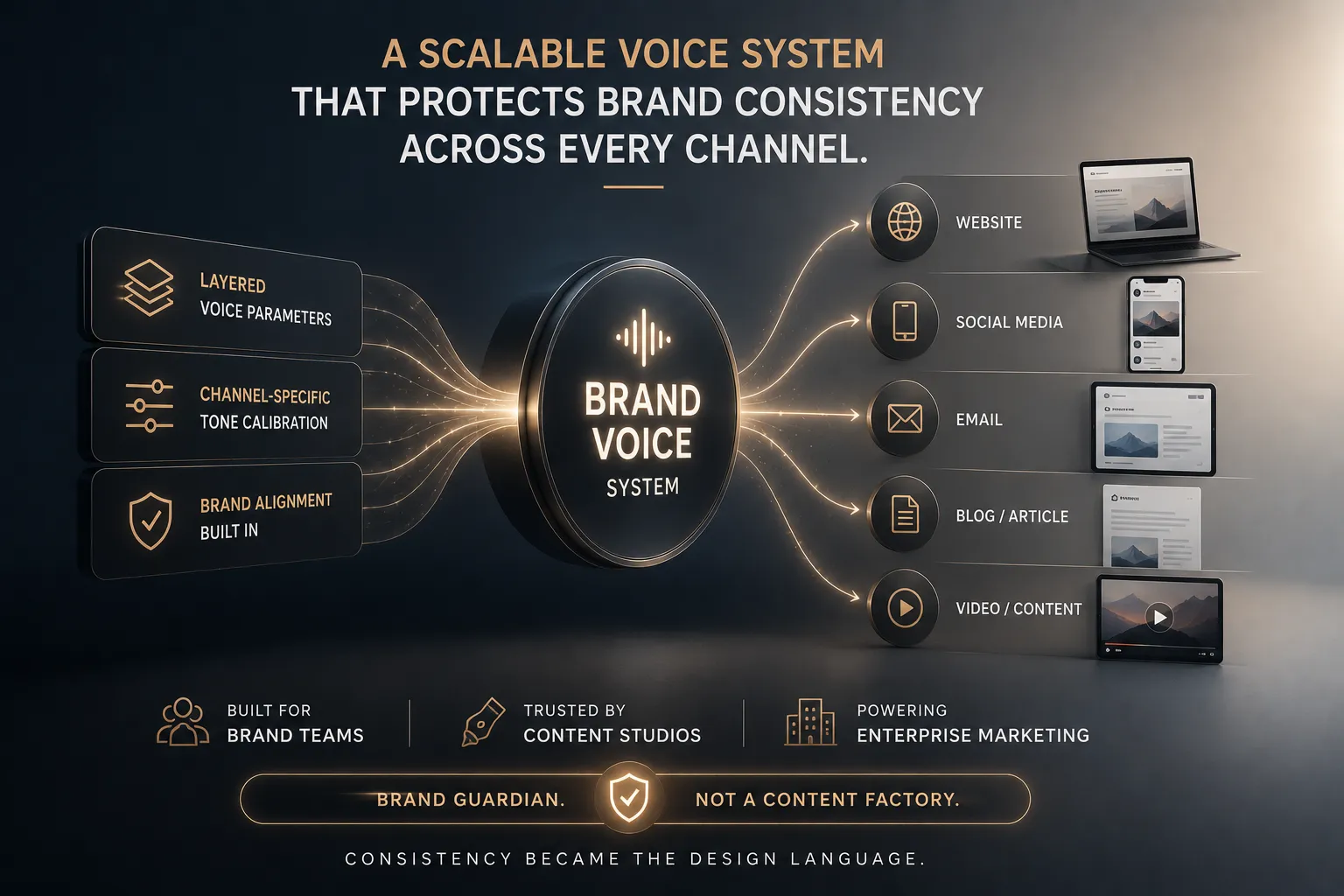 Infographic showing a central Brand Voice System linking inputs to five channels: Website, Social Media, Email, Blog, Video.