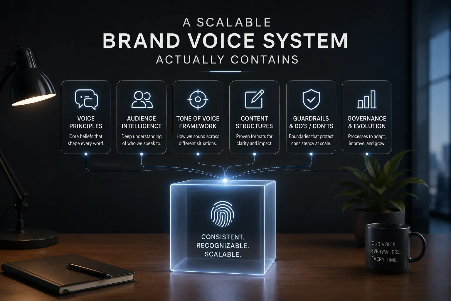 Glowing holographic cube on a desk connected to six panels outlining a brand voice system components: Voice Principles, Audience Intelligence, Tone of Voice, Content Structures, Guardrails, Governance (dark office backdrop).