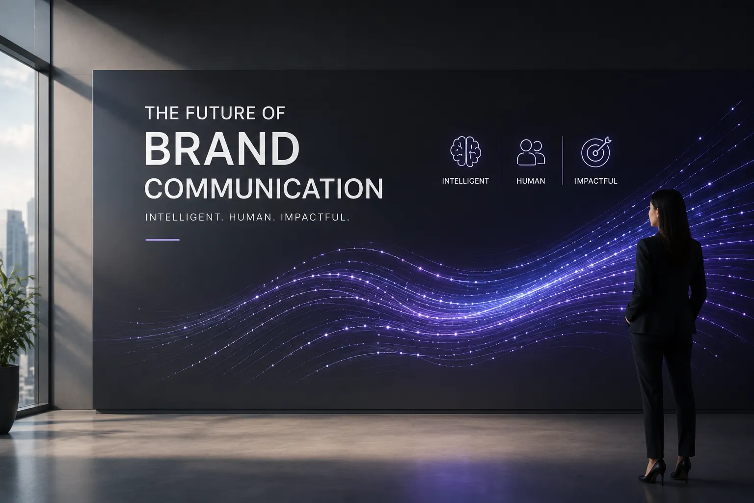 Businesswoman in a black suit stands before a dark wall banner reading 'The Future of Brand Communication' with purple flowing lines behind her.