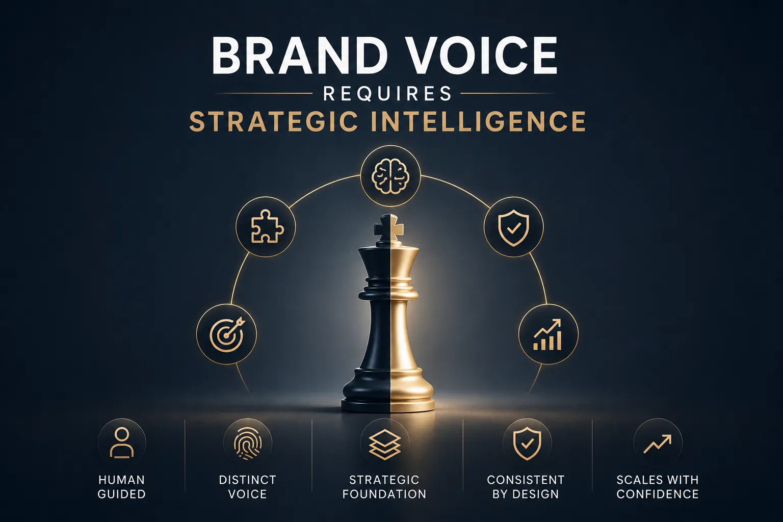 Brand Voice requires Strategic Intelligence: a gold-and-black king chess piece surrounded by icons, with five principles at the bottom (Human Guided, Distinct Voice, Strategic Foundation, Consistent by Design, Scales with Confidence).